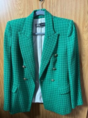 Zara Green Double-Breasted Tweed Blazer